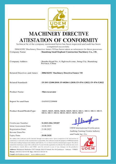 Mini excavator conformity attestation