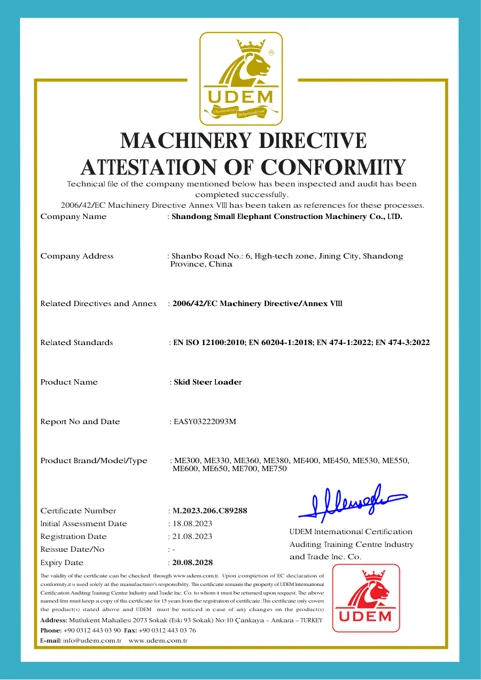 Skid steer loader conformity attestation