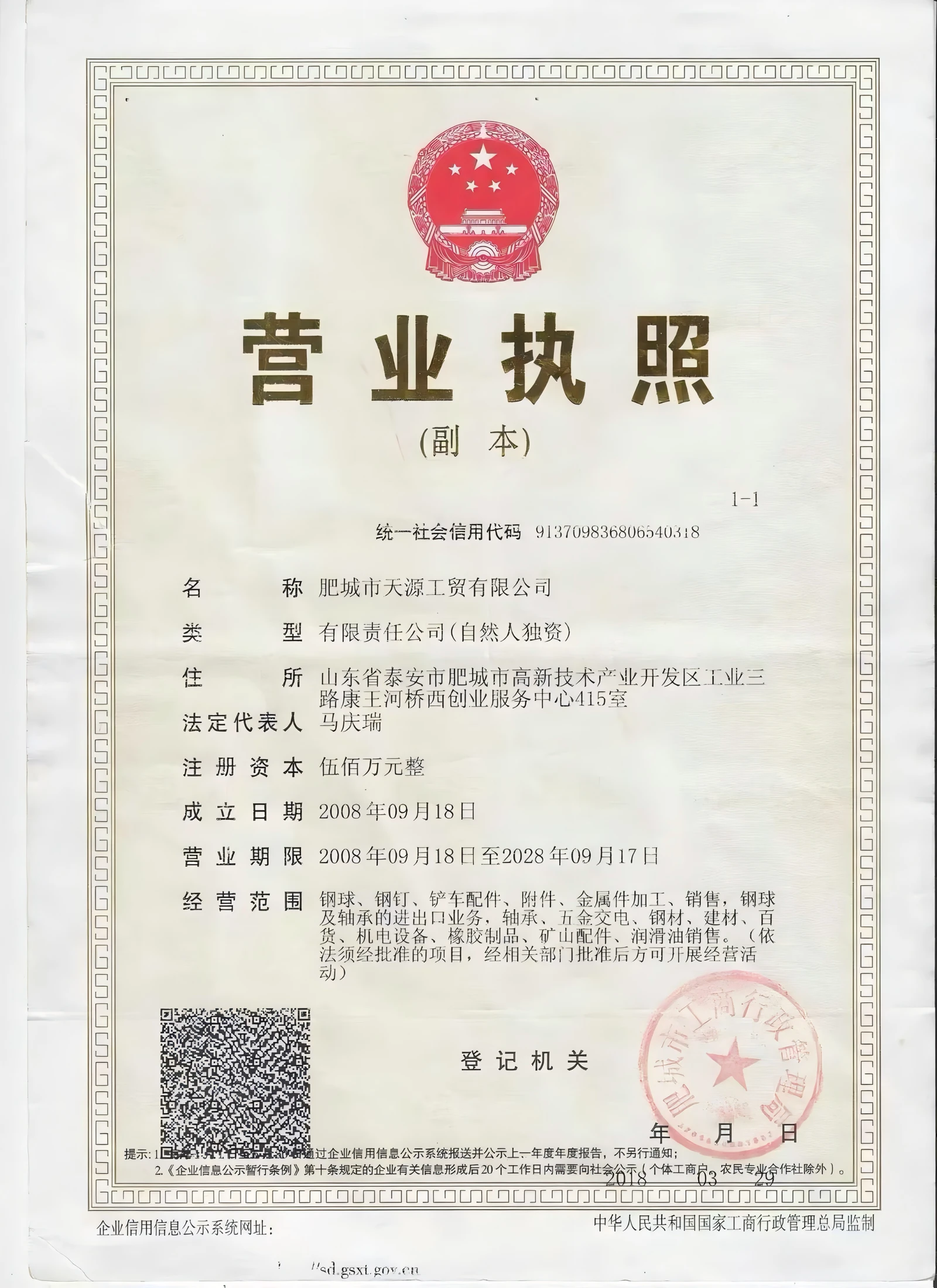 Business license — Feicheng City Tianyuan